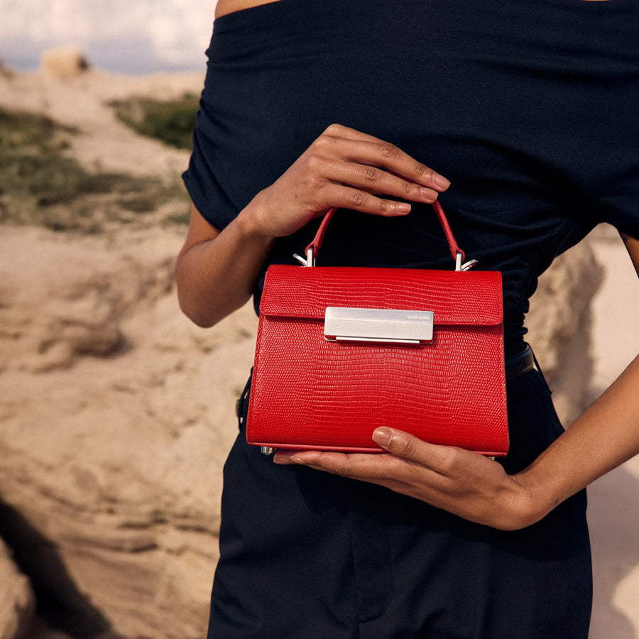 Mini Capucine Silver Edition - Cuir Embossé Lézard Rouge Ateliers Auguste
