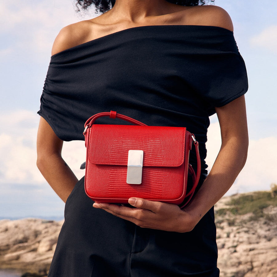 Mini Monceau Silver Edition - Cuir Embossé Lézard Rouge Ateliers Auguste